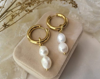 Gold Pearl Hoop Earrings , Waterproof , High Quality.