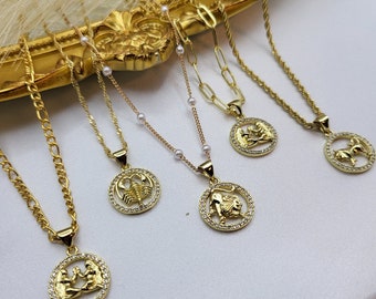 Gold Zodiac Coin Necklace, Leo Necklace, Scorpio  Necklace, Astrology Jewelry, Birthday Gift.