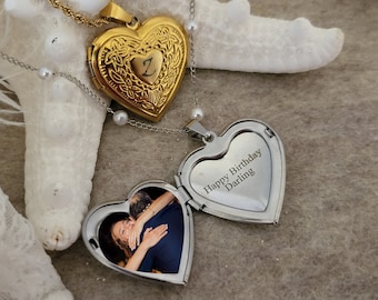 Vintage Big Heart Locket Necklace with Photo, Engraved Heart Locket, Personalized gift.