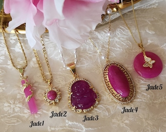 Gold Dark Pink Jade Necklace,Good Luck And Peace Pendant, WATERPROOF Adjustable Chains.