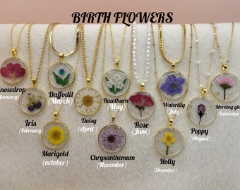 Real Dried Birth Month Flower Necklace, Birthday Gift.