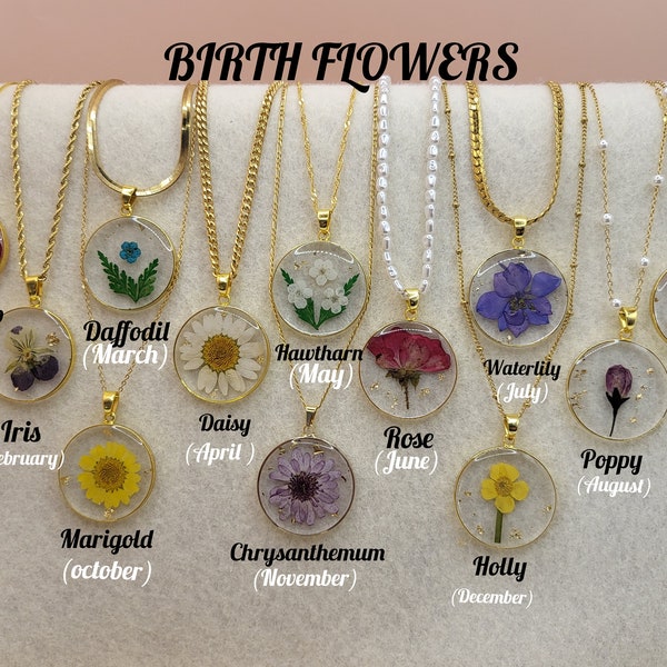 Real Dried Birth Month Flower Necklace, Birthday Gift.