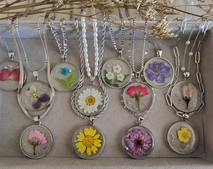 Silver Real Dried Birth Month Flower Necklace, Birthday Gift.
