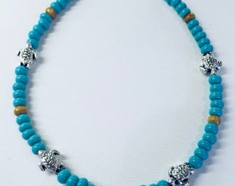 Beaded Anklet, Seed Bead Anklet, Beaded Beach Anklet, Turtle Anklet, Turquoise Anklet, Handmade Anklet, Charm Anklets for Women