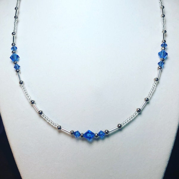 Beaded Necklaces, Beaded Jewelry,Blue Bicone Bead Necklace, Silver Necklace, Crystal Jewelry