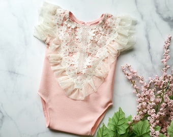 5 - 8 M Baby Girl Romper.  Sitter Girl Photography Outfits.  Cake smash.  Baby lace clothes.  Sitter romper.  Lace dress. Leotard