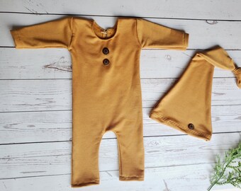 Newborn boy photo prop.  Fall overalls with sleepy hat.  Baby yellow pijamas.  Newborn boy clothes.  Knot hat.  Boy coming home outfit.