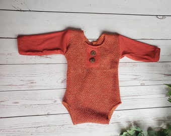 Newborn boy photo prop.  Coming home outfit.  Fall orange romper.  Baby boy clothes.  Autumn sweater.  Baby boy romper.  Newborn outfit