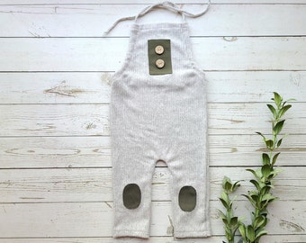 5 - 8 M Baby Picture Outfit.  Gray Overalls with Knee Patches.  Sitter Fall romper.  Cakesmash.  Keta  Props