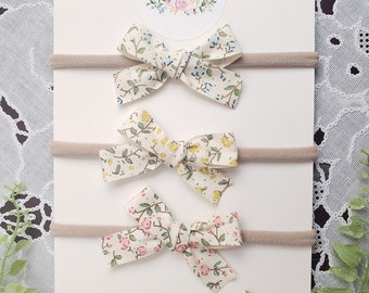 3 Baby Floral Hair Bow Headband.  Classic ribbon bow.  Toddler nylon headband. Hand tied bow.  Newborn dainty bow