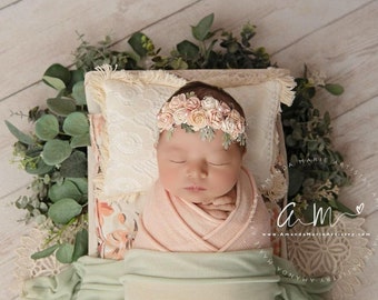 Double sided Newborn girl pillow prop.  Boho posing  pillow.  Baby photo prop.  Beige pillow with lace fringe.  Mini pillow for photography
