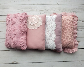 Romantic Lace Pillow.  Shabby Chic.  Baby girl photo prop.  Pink mauve pillow with ruffled chiffon.  Keta Props