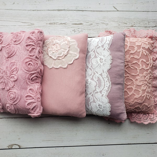 Romantic Lace Pillow.  Shabby Chic.  Baby girl photo prop.  Pink mauve pillow with ruffled chiffon.  Keta Props