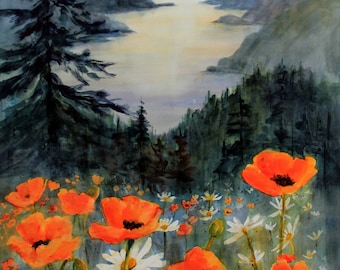 Columbia Gorge 426 print  Columbia Gorge Landscape painting from a watercolor by Bonnie White
