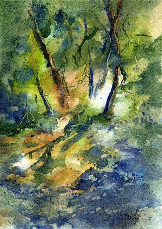 Along the Bank original watercolor painting of trees along the bank of a stream approx. 8x10 matted to 11x14