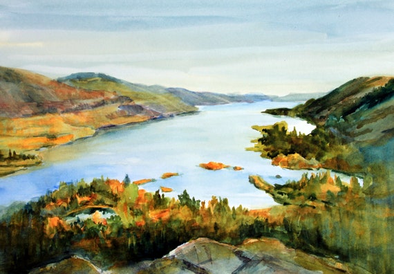 Rowena Crest in Fall, looking east along the Columbia River - original watercolor painting