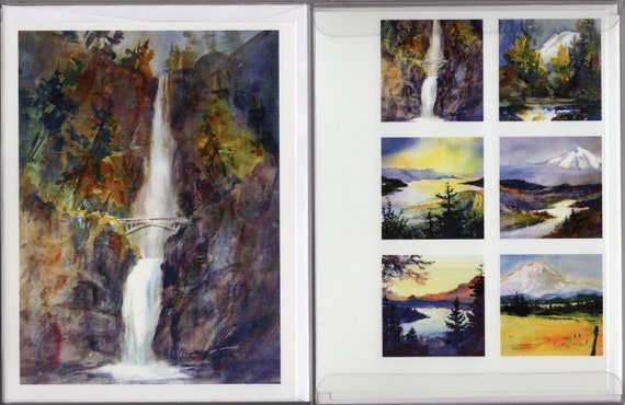 Multnomah Falls 2 - 6 note cards - pacific northwest - Columbia Gorge watercolor - Bonnie White watercolor - Gorge artist - gorge art