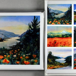 Columbia Gorge colorful poppy blank note card pack of paintings by Bonnie White pacific northwest landscapes greeting invitation
