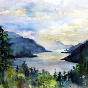 Columbia Gorge watercolor print or canvas blue sunny spring