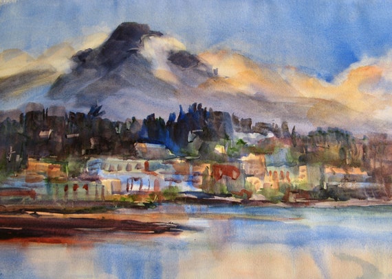 Hood River from the Columbia (Mt. Hood) - a print from a watercolor by Bonnie White
