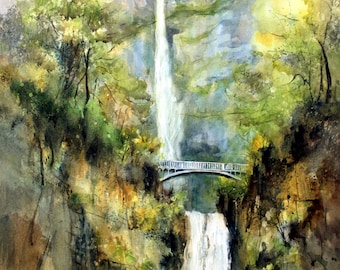 Multnomah Falls Watercolor Painting Print, Collectible Canvas Art