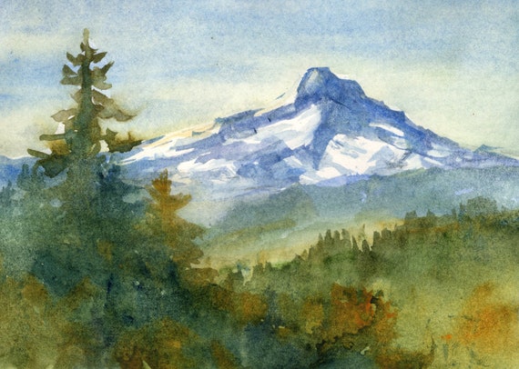Mt. Hood orginal painting 5x7 matted to 8x10 pnw watercolor art bonnie white columbia gorge landscape mountain tranquil dreamy cascade