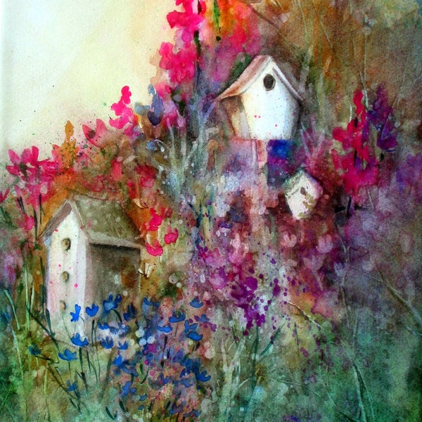 floral print with bird houses For the Birds from a watercolor original by bonnie white