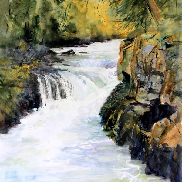 BZ Falls - print of a watercolor painting done by Bonnie White of the White Salmon River at the "BZ waterfall"