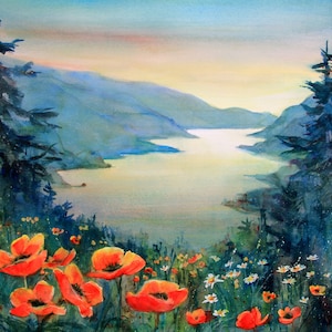 colorful watercolor landscape art print painting canvas Columbia Gorge 385 5x7 to 24x36 gift colorful poppies by artist Bonnie White PNW