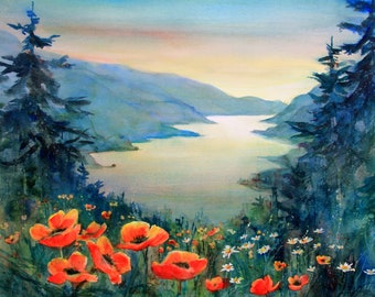 kleurrijke aquarel landschapskunst print schilderij canvas Columbia Gorge 385 5x7 tot 24x36 cadeau kleurrijke klaprozen door kunstenaar Bonnie White PNW