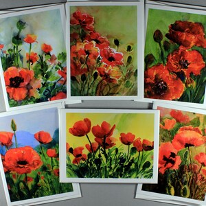 Red Poppy note cards (6) assorted 4.25x5.5 blank cards with envelopes thank you sentimental party invitations quick notes wall art thank you