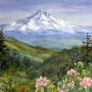 Mt. Hood Watercolor Painting, Willamette Valley Landscape Print or Canvas