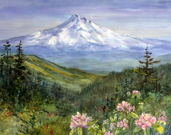 Mt. Hood Watercolor Painting, Willamette Valley Landscape Print or Canvas