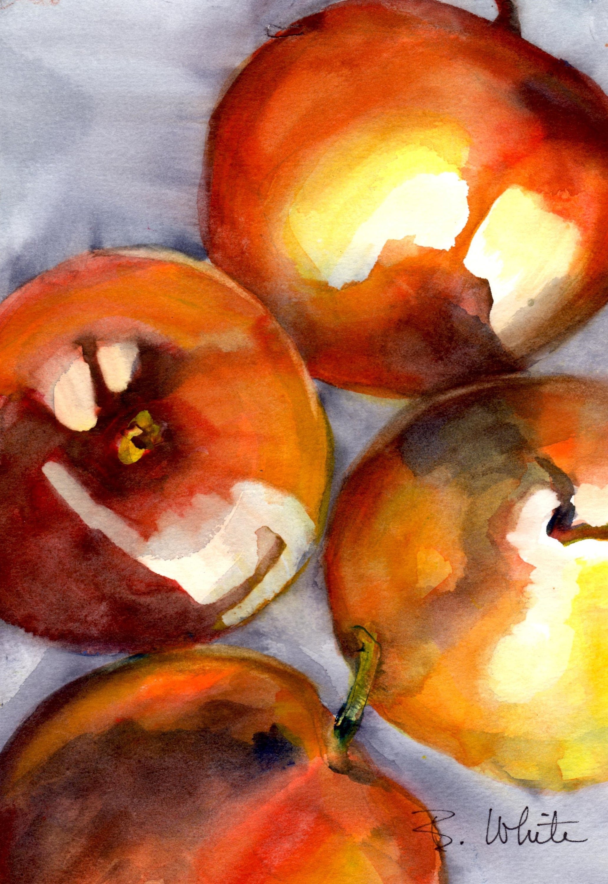 Three Apples And A Pear Original Watercolor Painting By Bonnie White 7x10 Matted To 11x14