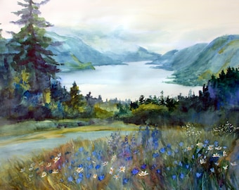 Columbia Gorge 419 print of a watercolor done by Bonnie White of the Columbia Gorge