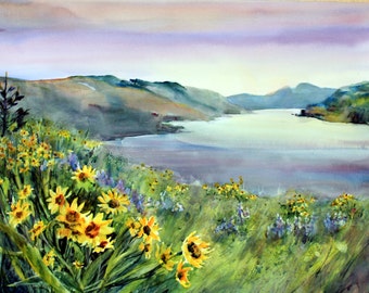 Columbia Gorge 256 -- watercolor scenic landscape large or small print or canvas with flowering native plants overlooking the Columbia River