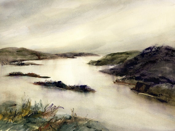 Moody landscape painting, original watercolor, signed and matted to 11x14