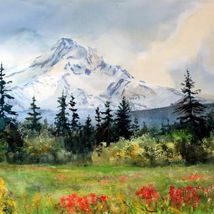 May include: Watercolor painting of a mountain landscape. A snow-capped mountain dominates the background, with evergreen trees and colorful wildflowers in the foreground. The sky is overcast with shades of gray and yellow.