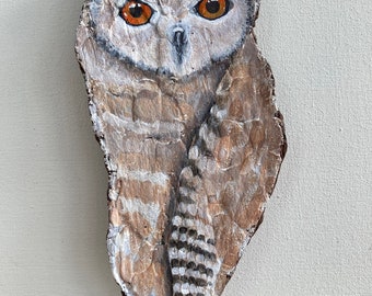 Hand-painted Driftwood Bark Screech Owl