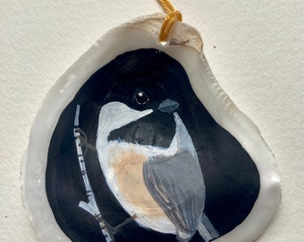 Hand-painted Chickadee Maine Island Oyster Shell Ornament