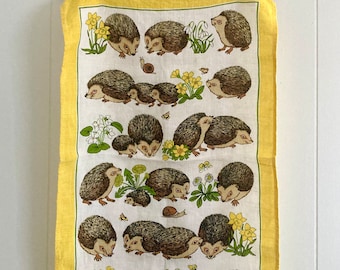 Vintage 70s Hedgehog Irish Linen Tea Towel