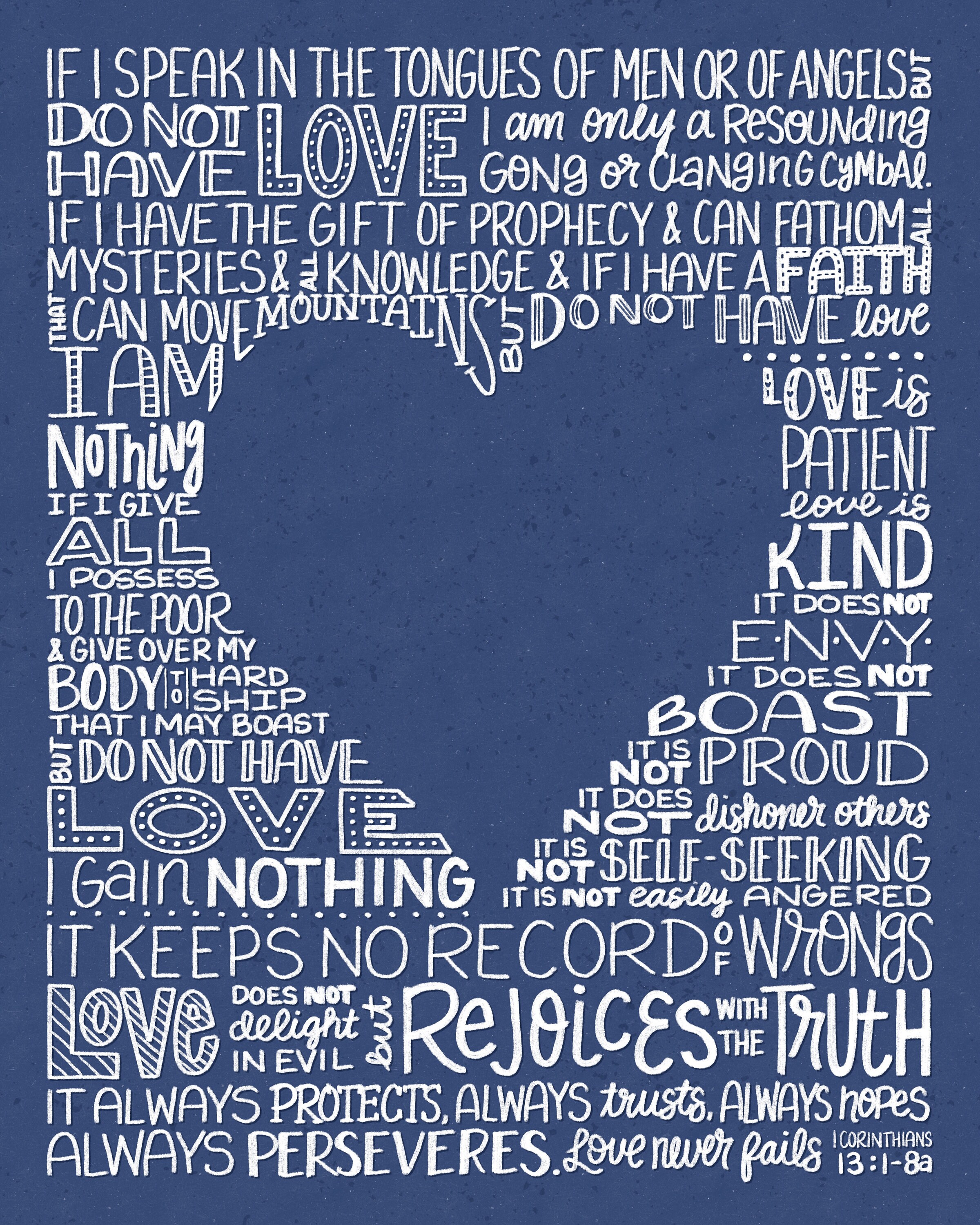 Love Chapter 1 Corinthians 13 Love is Patient, Love is Kind Love Never Fails Bible Verse Art