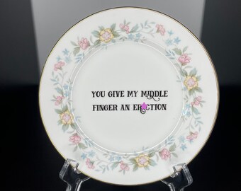 You Give My Middle Finger An Er*ction | Ready Made | Vintage China Side Plate | Wall Art | Upcycled | Reloved | Unique Quirky Gift Idea