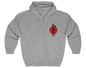 Aikido Kanji by Hiroshi Ikeda Shihan with Rising Sun on front and Aikido Kanji on back Unisex Heavy Blend Full Zip Hooded Sweatshirt