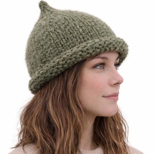 May include: A knitted green hat with a pointed top and a folded brim. The hat is made of a textured yarn and has a slightly slouchy fit. The hat is a muted green color.