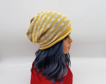 Light Yellow Cream Summer hat. Lightweight knit Striped Cotton Beanie. Handmade Boho Hat. Slouchy knitted Hat Beach Hat. Vegan Friendly