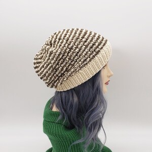 Striped Linen Cotton Beanie: Handmade Cream Khaki Slouchy Knit Hat