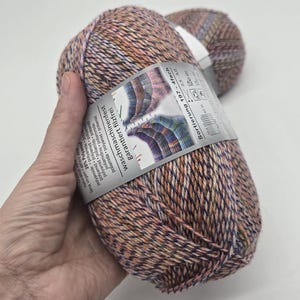 May include: A close-up of two skeins of yarn. The yarn is a mix of colors including pink, orange, and purple. The yarn has a label with text in a foreign language. The yarn is held in a hand.