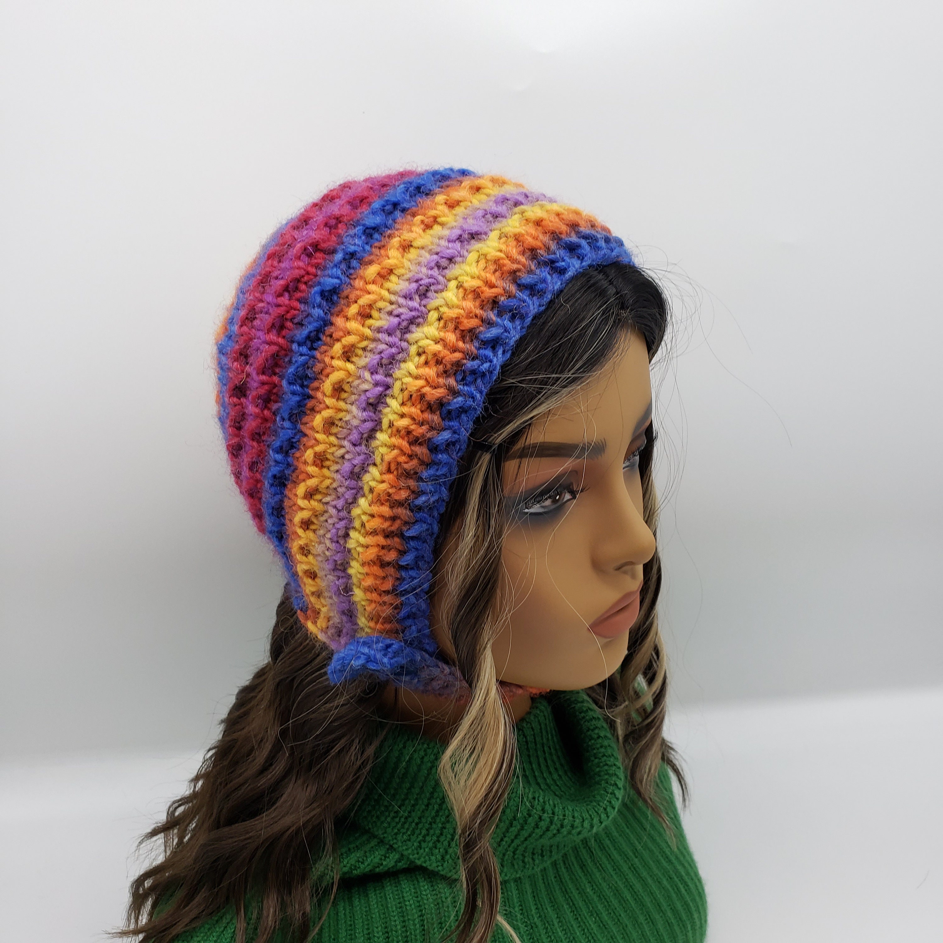 Pure Wool Multicolor Hand Knit Retro Bonnet. Black Woman Pure Wool Multicolor Hand Knit Retro Bonnet. Black Woman