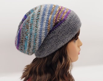 Handmade Slouchy Wool Beanie: Gray Multicolored Knit Hat